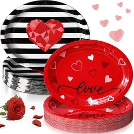 Havawish 100 Pcs Valentine Oval Paper Plates Bulk Heart Dinner Plates Disposable 12 x 10 Inch Paper Dishes for Sweet Day Party Tableware Supplies(Valentine's Day)