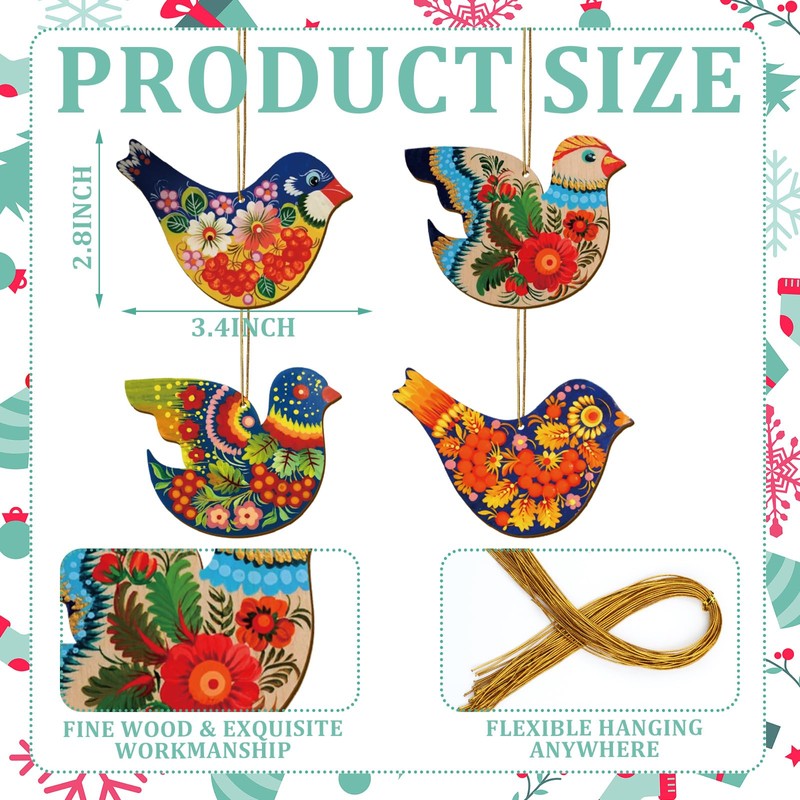 Arrowbash 16 Pcs Christmas Floral Bird Ornament Wooden Flat Ukrainian