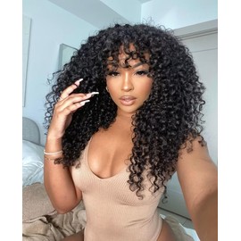 Real Hair Wig, Brazilian Kinky Curly Human Hair Wigs for Women, Curly Human Hair Wigs with Bang, Curly, 150% Density, Human Hair Wig with Fringe Wigs, 16 Inches (40.6 cm)