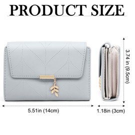 QEWORANE Women's Bifold Vegan Leather Wallet RFID Blocking with Leaf Pendant, Compact Card Holder Organizer, Zipper Coin Pocket, ID Window, Multi Card Slots (ash blue)