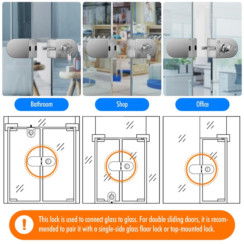 Ranbo Frameless Double-Sided Glass Door Lock, No-Drill,304 Stainless Steel, Suitable
