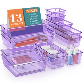 StorMiracle 13 PCS Drawer Organizer Set, 5 Varied Size Bathroom and kitchen Drawer cabinet organizer Trays, Clear Storage Bins for Makeup, Jewelry, Utensils and Gadgets, Purple