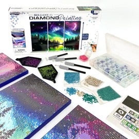ArtSkills Diamond Painting Kit, Diamond Art Ready to Hang Framed Canvas with Storage and Accessory Kit, Northern Lights, 3 Stretched Canvas Panels, 14” x 7” Each