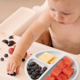 Mia Li Suction Plates for Baby – Set of 3 Toddler Plates with Suction – Cute and Colorful Silicone Plates for Weaning – Ideal for Baby Feeding, Food Storage (Cloud, Sage & Stone With Lids)