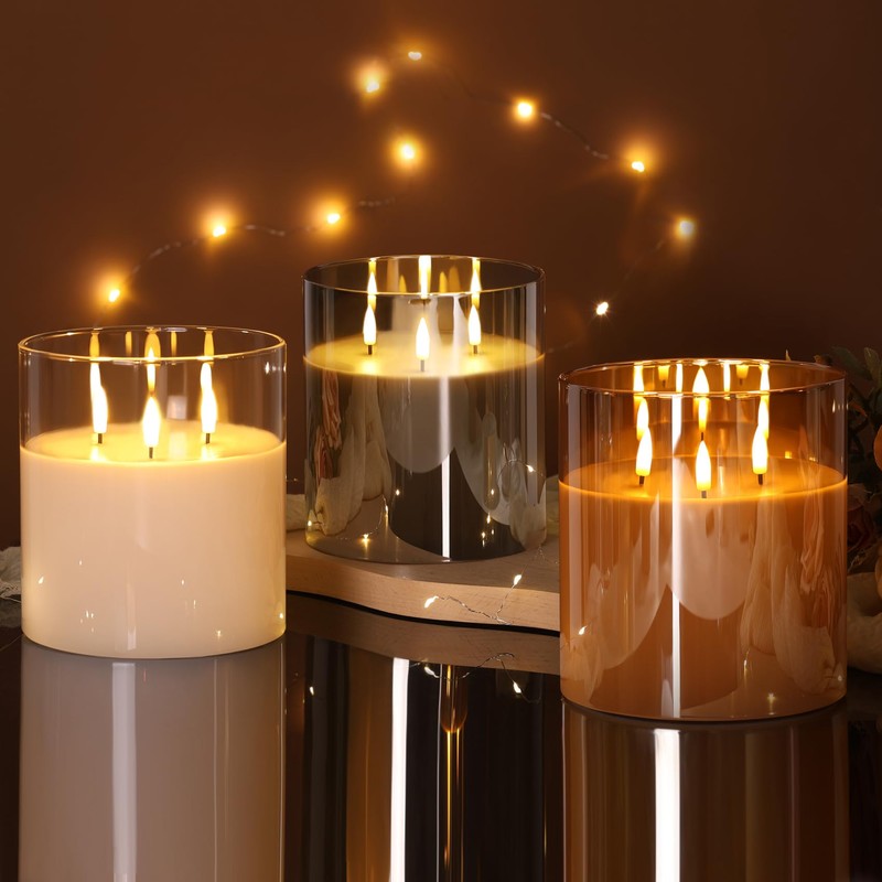 Eywamage 3 Wick Gold Glass Flameless Candle with Remote, Large