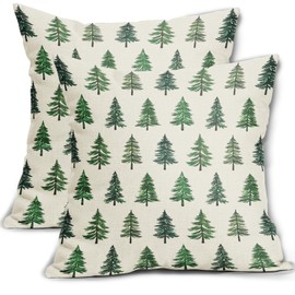 Christmas Tree Pillow Covers 18x18 Inch Set of 2 Green Cream Winter Farmhouse Forest Xmas Block Print Decorative Throw Pillowcases Outdoor Seasonal Holiday Cushion Cases Decor for Sofa Couch Bed