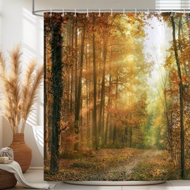 Bonhause Shower Curtain Autumn Forest Tree Sunlight Nature Landscape Shower Curtains 180 x 180 cm Anti-Mould Waterproof Polyester Fabric Washable Bathroom Curtain for Bathroom with 12 Hooks