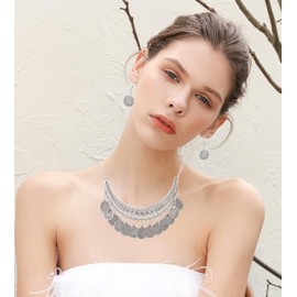 TAKAWORD Chunky Chain Coin Bib Tassel Necklace Earrings Set Gypsy Necklace Earring Bohemian Costume Jewelry Accessories for Women