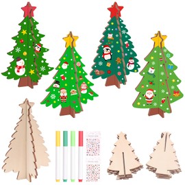 24 Set 3D Christmas Tree Wooden Craft to Paint Make Your Christmas DIY Wooden Cutouts with Decorate Tools Unfinished Xmas Holiday Wooden Slices for Tiered Tray Decor Tabletop Decor Party Decoration