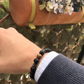 BRACO Volcanika Stone Bracelet for Women or Men, Black Tourmaline Bracelet with Tiger Eye, Natural Stones, Elastic Bracelet with Stone Balls, with Gift Bag, Estandar Stone, Stone