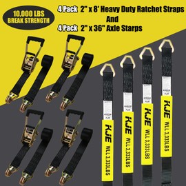 KJE Heavy Duty Car Trailer Tie Down Straps 4 Pack Kit - 2" x 8' Ratchet Straps + J-Hooks with Clip, 2" x 36'' Axle Straps - 10,000lbs Break Strength - Use for Car, Truck, UTV Transport