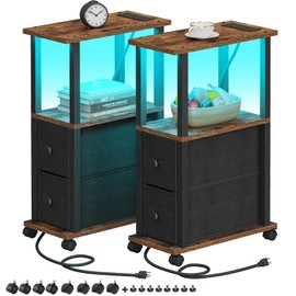 TUTOTAK Small Narrow End Tables, LED Side Tables with 2 Fabric Drawers, Set of 2, Bedside Tables with Charging Station for Small Spaces, Slim Nightstands with USB Ports and Wheels, TB01BB053L