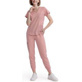 Eadflie Scrubs for Women Set - 8-Pocket V-Neck Scrub Uniform | Stretch Jogger Pants (Pink/L) | Medical Workwear for Nurses, Dentists, Pet Care