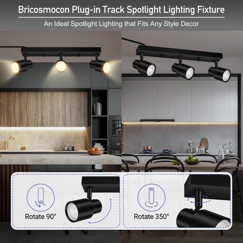 Plug-in Track Lighting LED, Track Light Fixtures Ceiling, Black Plug