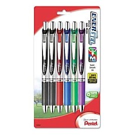Pentel(R) EnerGel(TM) RTX Retractable Liquid Gel Pen, Medium Point, 0.7 mm, 54% Recycled, Silver Barrel, Assorted Ink Colors, Pack Of 6