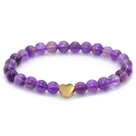 Echtes Amethyst Edelstein Armband mit 6mm Perlen und Edelstahlherz - verschiedene Längen - Heilstein Schutzstein Talisman Glücksbringer Geschenk (Amethyst, 22CM)