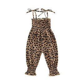 Thilsidee Infant Toddler Baby Girls Off Shoulder Romper Summer Sleeveless Suspender Jumpsuit Heart&Leopard Print Bodysuit(Leopard khaki,6-12 Months)
