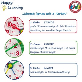 JACQUES FAREL Happy Learning ACL 03 Children's Alarm Clock Learning Alarm Clock Girls Boys Red Green without Ticking with Light and Snooze Analogue Quartz