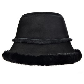 Harssidanzar Mens and Womens Winter Shearling Bucket Hat Lambskin Leather Warm Fisherman Cap CU608US, Black, Size Large