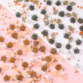 ALGLEA 3D Flower Nail Charms, Leaf, Glitter Crushed Stone and Pearls, 3D Camellia Charms for Nail Jewelry DIY Crafts Nail Art Decorative Accessories(Black&Glod,2 Pack)