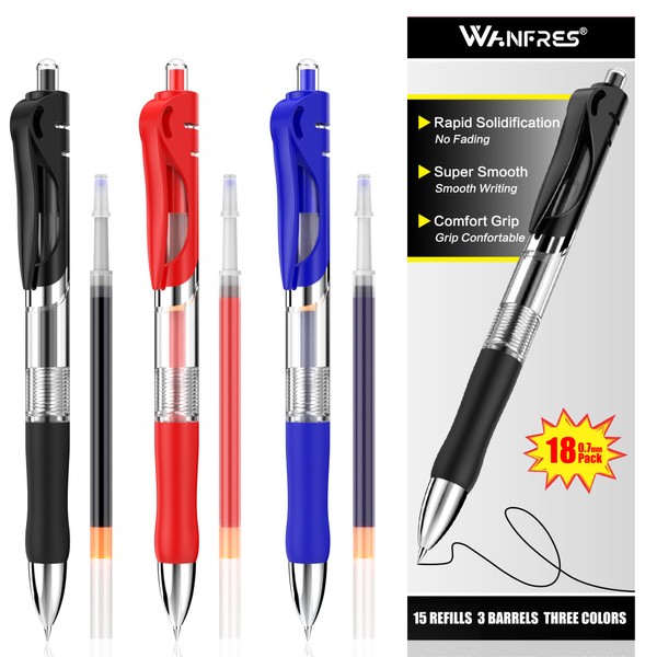 WANFRES Gel Ink Ballpoint Pens 0.7mm, 3 pens,15 Refills, Three