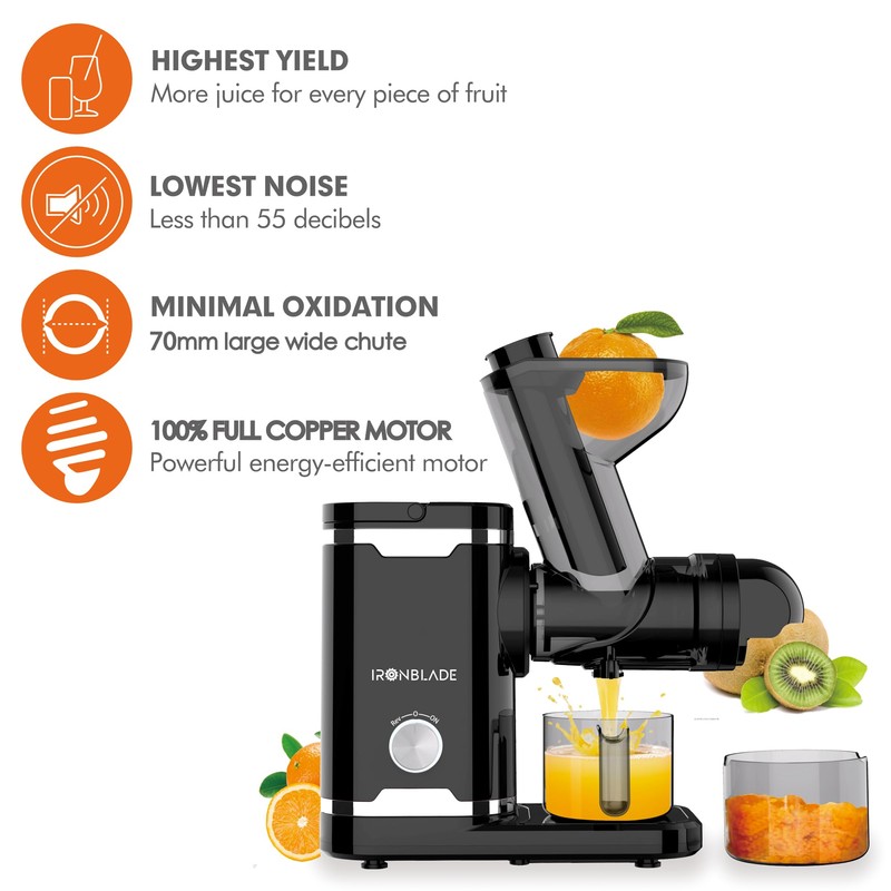 EMB Ironblade IBLJU30 Horizontal Slow Juicer, Quiet Motor, 70mm Wide