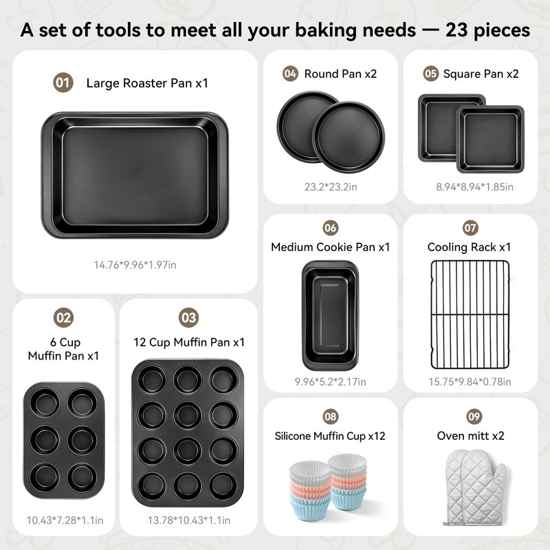 23-Piece Nonstick Bakeware Sets for Home Baking (Black)
