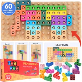 Zen Fun Montessori Animal Block Puzzle for Spatial Intelligence, Montessori Puzzle for Kids 4+, Wooden peg Puzzles Pentomino Peg Puzzle with 60 Different Design Cards to Recreate!
