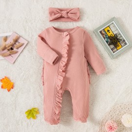 Geagodelia Baby Boys Girls Clothes Long Sleeve Footies Romper Ruffle One-piece Pyjamas Fall Winter Cute Pjs Outfits (A Pink, Newborn)
