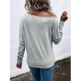 SweatyRocks Women's Cut Out Lantern Long Sleeve Tee Top Off Shoulder Plain Casual Holiday Spring Autumn Shirts Grey L