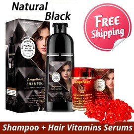 AngeRose Hair Color Shampoo, Hair Dye Shampoo, Instant Grey Hair Coverage, Wine Red, Chestnut Brown, Purple, Perfect Gifts for Women&Men:_Nature Black + Keratin Hair Vitamin Serum