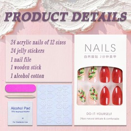 Christmas Press on Nails Short Almond Winter Fake Nails Wine Red Full Cover Holly False Nails with Designs Glossy Glue on Nails Acrylic Nails Manicure Artificial Nails for Women Girls