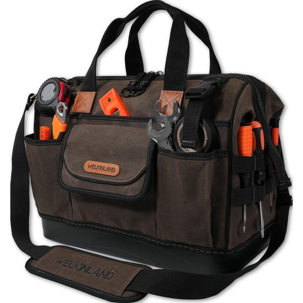 WELKINLAND 45-Pockets Waxed Canvas Tool Bag, 16-Inch Heavy-Duty electrician tools