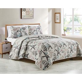 Fancy Linen Coverlet Bedspread Set Paris Butterflies Eiffel Tower Birds Flowers Bird Cage Beige Black Turquoise Pink New # Paris Butterfly (Twin/Twin Extra Long)