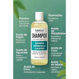SHAMPOO CON ACEITE DE ROMERO, ESPINOSILLA Y 5 ACEITES PARA REPARACIÓN Y CUIDADO INTENSIVO 500Ml. ARGAN, MACADAMIA, AGUACATE, COCO Y JOJOBA.