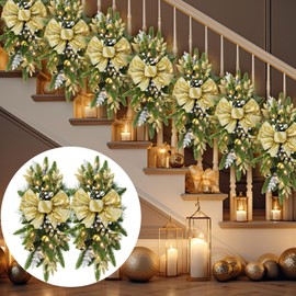 Lyrow 8 Pcs Christmas Artificial Swags 24" Xmas The Cordless Prelit Stairway Swag Teardrop Trim Wreath Door Stair Swag Garland Christmas Swags for Garden Decor Battery Operated(Gold,Retro)