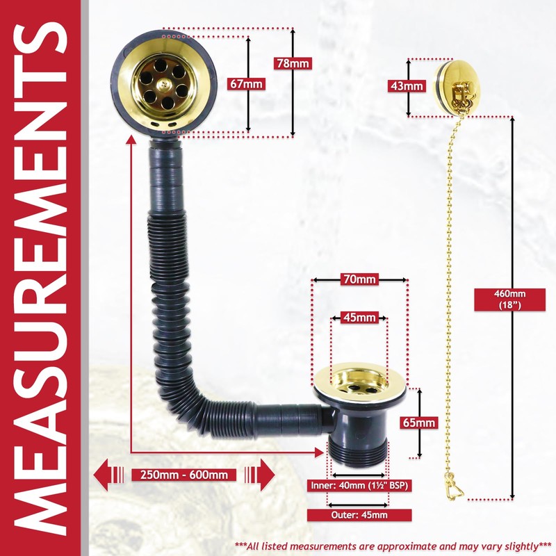 SPARES2GO Bath Combination Waste Plug and Chain Luxury Gold Brass