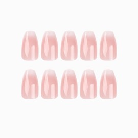 JUSTOTRY 24 pcs Pink Coffin Fake Nails Medium,White French Tip Press on Nails Patterns, Gradient Ballerina Stick on Nails for Women and Teens,Acrylic Medium Glue on Nails for Nail Art