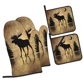 LONSANT Rustic Elk Moose Deer Forest Pine Tree Moon Design Oven Mitts and Pot Holders Sets of 4 High Heat Resistant Vintage Animal Oven Mitts Oven Gloves and Hot Pads Potholders for BBQ Cooking Mitts
