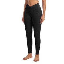 YOAKUKA Yoga Ribbed Leggings for Women High Waisted Tummy Control Seamless Butt Lifting Crossover Workout Gym Athletic Pants Black