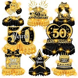 8 Pcs 50th Wedding Anniversary Table Decorations with 2 LED Black Gold Honeycomb Centerpieces for Women Men 50th Wedding Anniversary Table Toppers Honeycomb Decorations