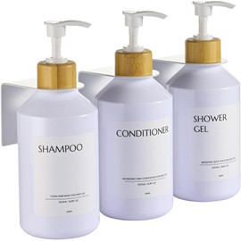 JANXIN Shampoo and Conditioner Dispenser Set of 3 for Wall Mount,16.9 fl oz Drill Free Shower Soap Bottles with Labels,Refillable Body Wash Dispensers for Bathroom Decor (White Bottles + Bamboo Pumps)
