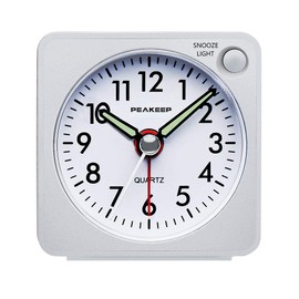Peakeep Ultra Small, Battery Travel Alarm Clock with Snooze and Light, Silent with No Ticking Analog Quartz (White)