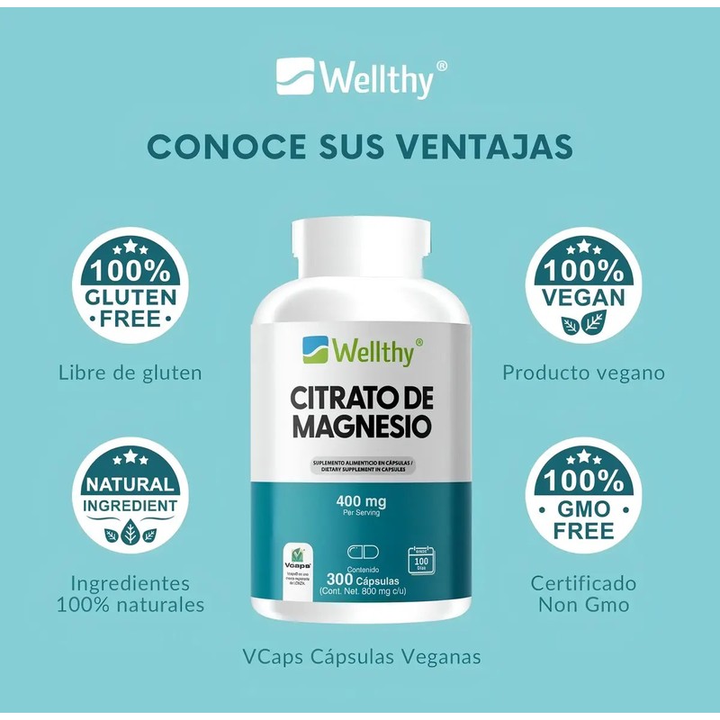 Citrato De Magnesio 300 Cápsulas Wellthy 100 Porciones Sabor Sin