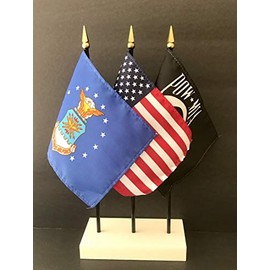 Made in The USA. 1 American, 1 US Air Force and 1 POW/MIA 4"x6" Miniature Desk & Table Flag, Includes Custom Made White Flag Stand & 3 Small Mini Stick Flags (4x6 US Air Force Flag Set)