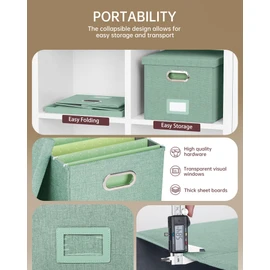 Oterri File Organizer, File Box, File Cabinet for Letter File Folder Storage, Portable Storage Bins with Lids for Office/Decor/Home,Document Organizer, 1 Pack,Green-Box Only