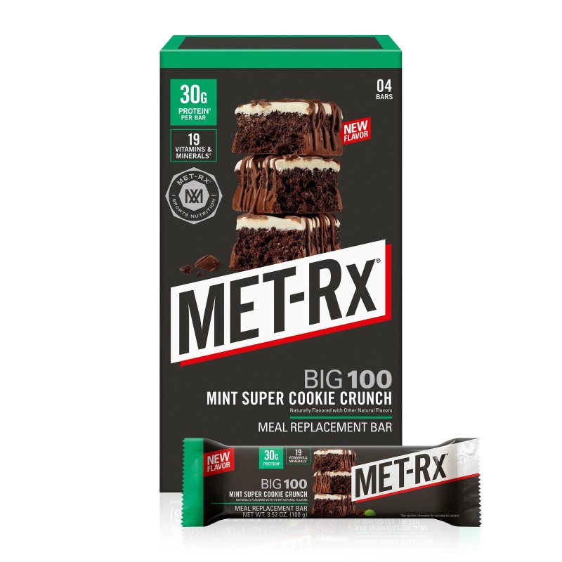 MET-Rx Big 100 Protein Bars, Mint Super Cookie CrunchBars, 4