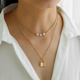 Inilbran Boho Pearl Choker Necklace Gold Lock Necklace Choker Vintage Pearl Chain Necklace Layered Padlock Pendant Necklace Jewelry for Women and Girls