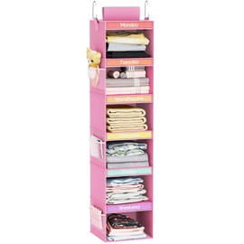 Fixwal 6-Shelf Weekly Clothes Organizer for Kids, Kids Daily Shelf Hanging Closet Organizer with 6 Side Pockets, Days of The Week Hanging Storage Shelves (Pink)