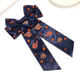 Vokone Game Day Hair Bows for Women Jeweled Hair Bow Clip Pearl Crystal Silky Satin Ribbon Bow Barrette Hair Clip Football Sports Fan Team Accessories Navy Orange